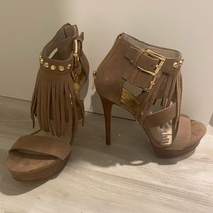 Tan suede platform heels. Michael Kors with fringe and stud details.